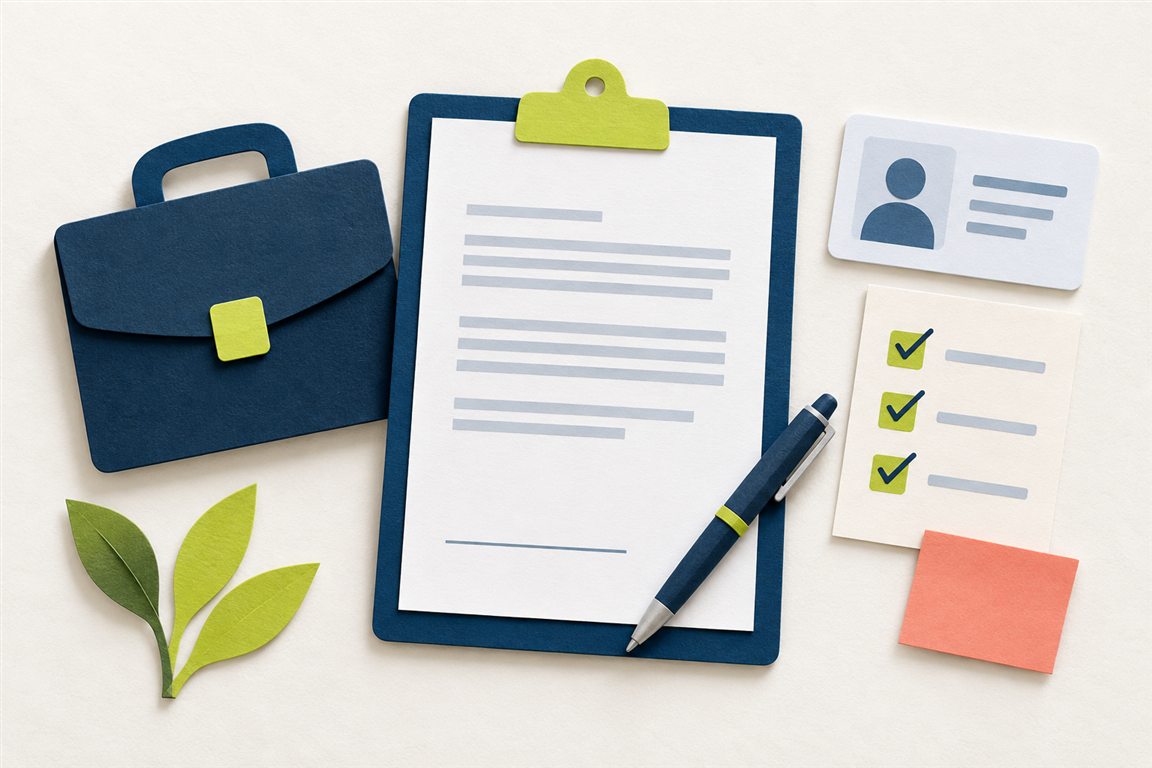 Contract pe clipboard, ecuson și listă bifată, ilustrând verificările dinaintea angajării.