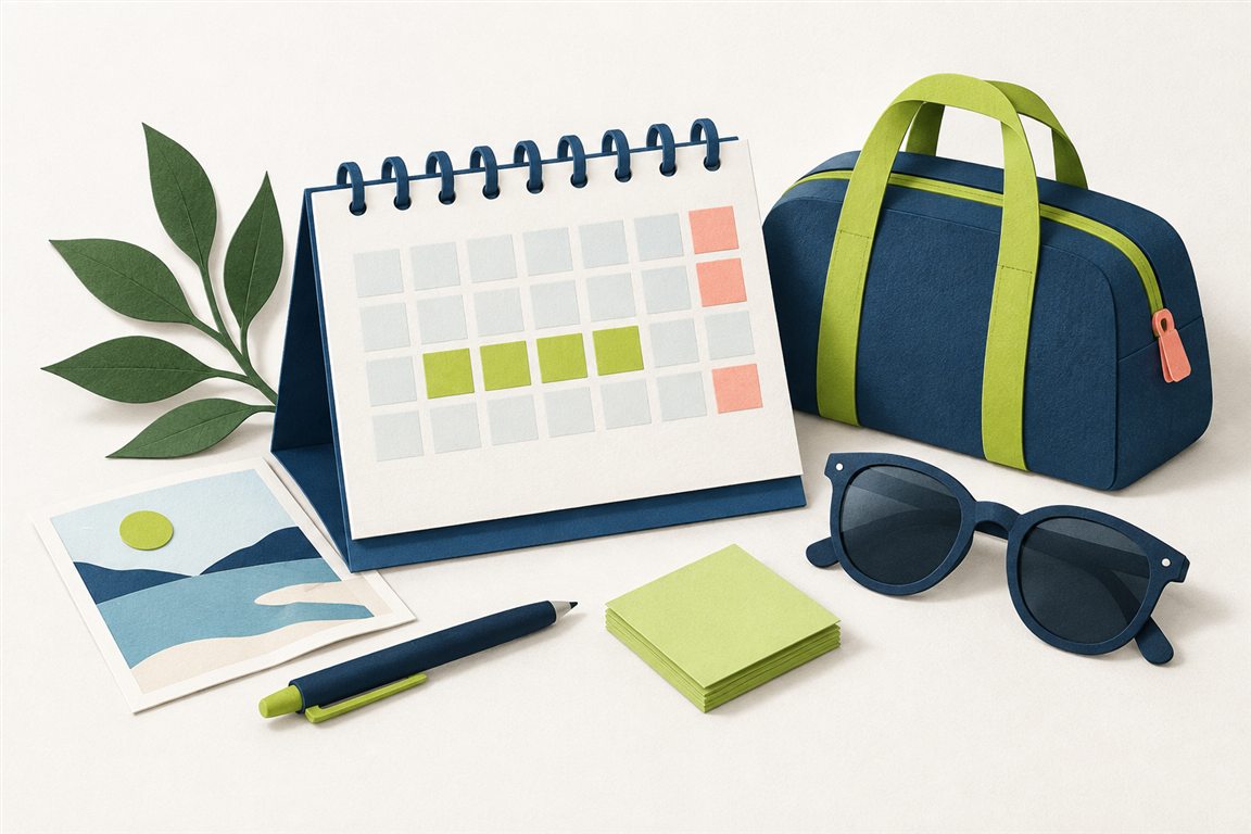 Calendar cu zile marcate și bagaj de călătorie, ilustrând programarea concediului de odihnă.